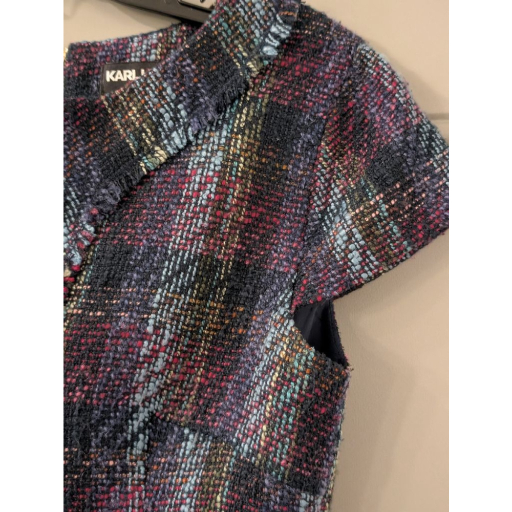 Women's KARL LAGERFELD PARIS Plaid Tweed Dress in Blue and Purple - Picture 3 of 15